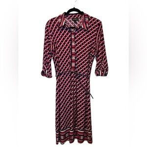 Liz Claiborne Geometric Belted Dress Polyester Blend Sz L Gold Button Cuff Sleev